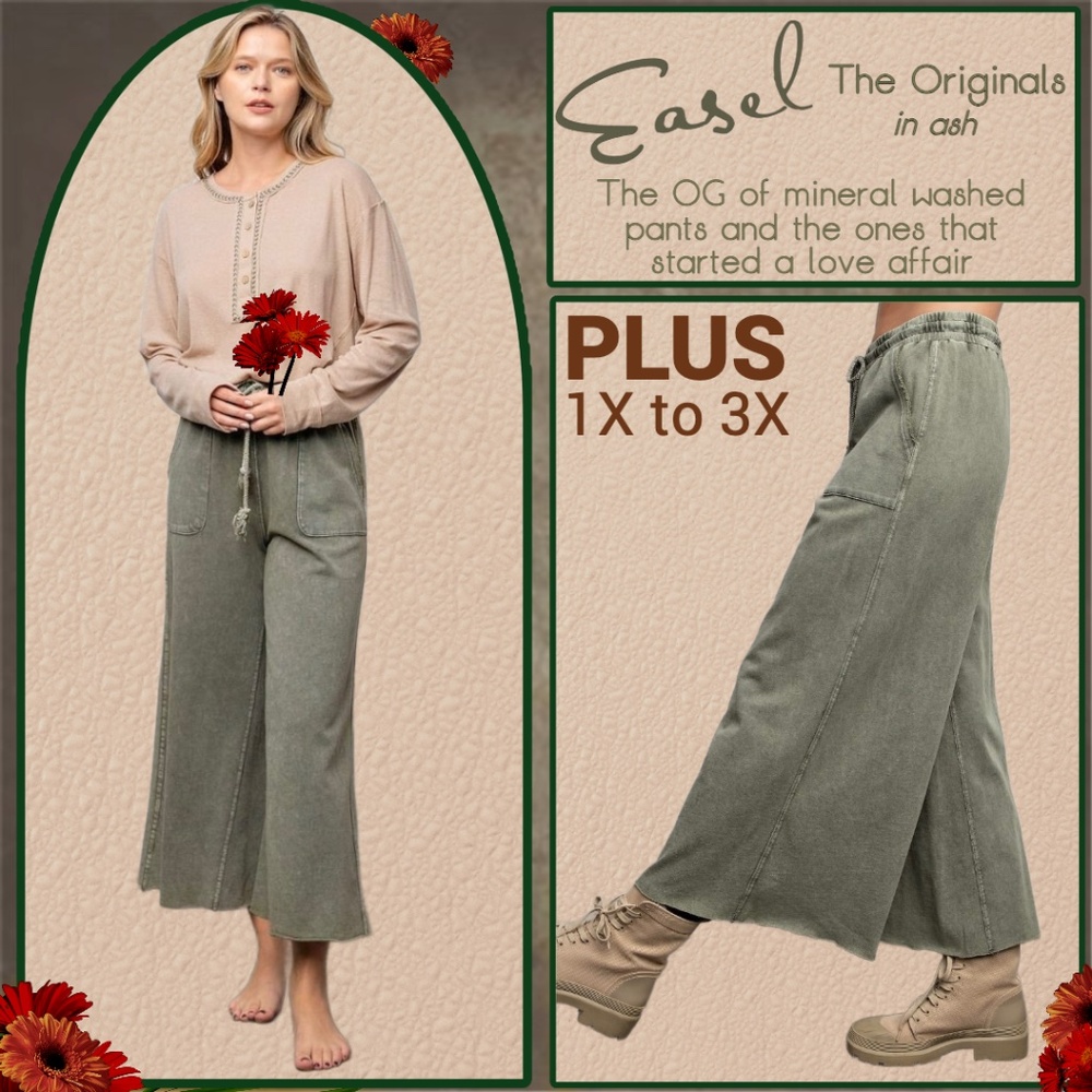 EASEL "The Originals" Mineral Washed Wide Leg Drawstring Pants Pockets Raw Hems